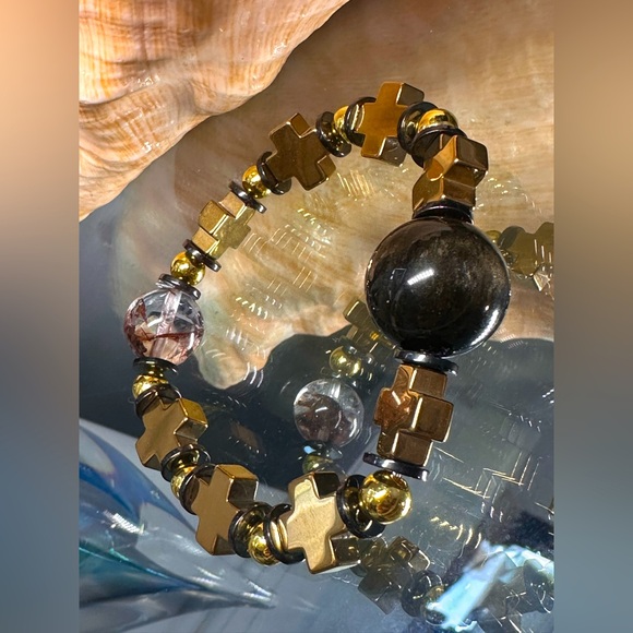 HEMATITE + GOLD OBSIDIAN + PHANTOM NATURAL STONES  BRACELET size 7” - Picture 3 of 15